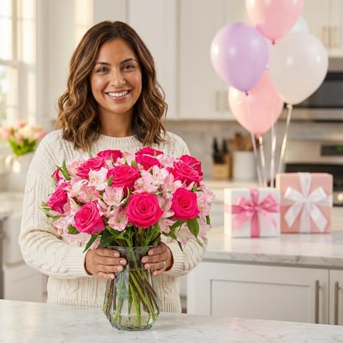 Benchmark Bouquets - Charming Roses & Alstroemeria (Glass Vase Included) - Fresh Flowers for Delivery - Gift for Graduation, Birthday, Anniversary, Sympathy, Get Well, Congratulations - Image 5
