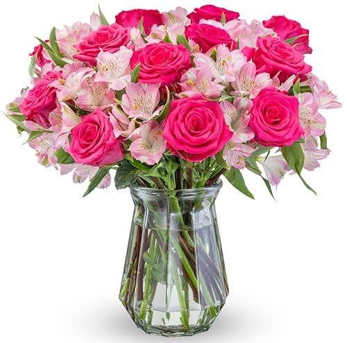 Benchmark Bouquets - Charming Roses & Alstroemeria (Glass Vase Included) - Fresh Flowers for Delivery - Gift for Graduation, Birthday, Anniversary, Sympathy, Get Well, Congratulations - Image 1
