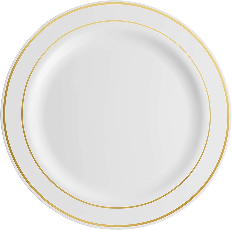 Munfix 60 Gold Plastic Plates Set  30 Pcs 10.25 Inch Dinner and 30 Pcs 7.5 Inch Dessert Plates  Elegant Fancy Heavy Duty Disposable Plates for Party  Wedding  White with Gold Rim - Image 4