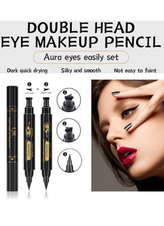 QIC 2 Pcs Double Sided Liquid Stamp Eyeliner Pencil Face Stamps Makeup Black Waterproof Slim Gel Felt Tip High Black Pigment Liquid Eyeliner and Seal Thin Left Right Wing Black Stamp  - Image 3