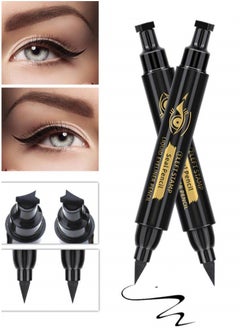 QIC 2 Pcs Double Sided Liquid Stamp Eyeliner Pencil Face Stamps Makeup Black Waterproof Slim Gel Felt Tip High Black Pigment Liquid Eyeliner and Seal Thin Left Right Wing Black Stamp  - Image 1