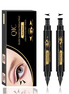 QIC 2 Pcs Double Sided Liquid Stamp Eyeliner Pencil Face Stamps Makeup Black Waterproof Slim Gel Felt Tip High Black Pigment Liquid Eyeliner and Seal Thin Left Right Wing Black Stamp  - Image 2