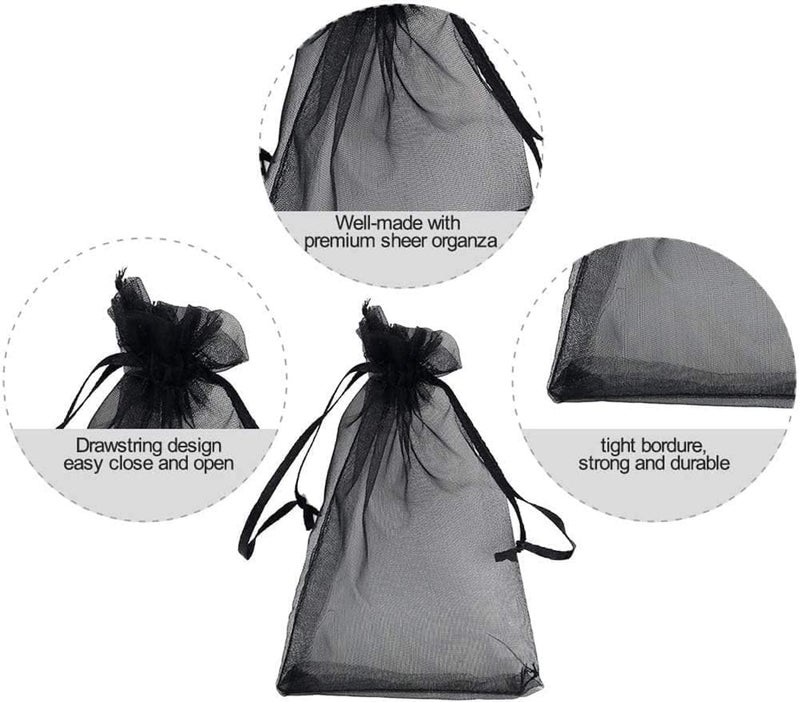 Red Dot Gift REDDOTGIFT® Pack of 100 Black Drawstring Organza Pouches - 7x9cm Gift Bags - Image 2
