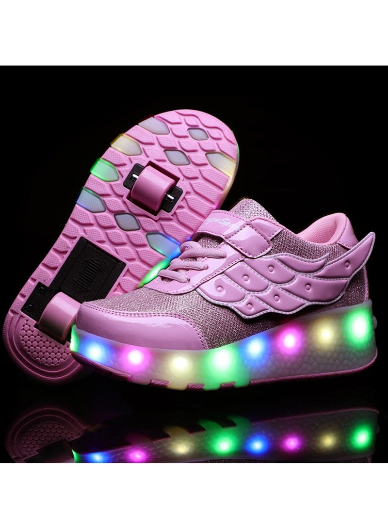 Huitich Pink Double-Wheel LED Roller Skate Shoes for Kids – Deformable Sneakers Size 33/ Inner Length 21.5cm  - Image 2