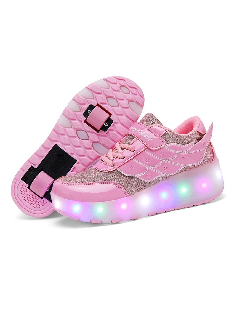 Huitich Pink Double-Wheel LED Roller Skate Shoes for Kids – Deformable Sneakers Size 33/ Inner Length 21.5cm  - Image 1