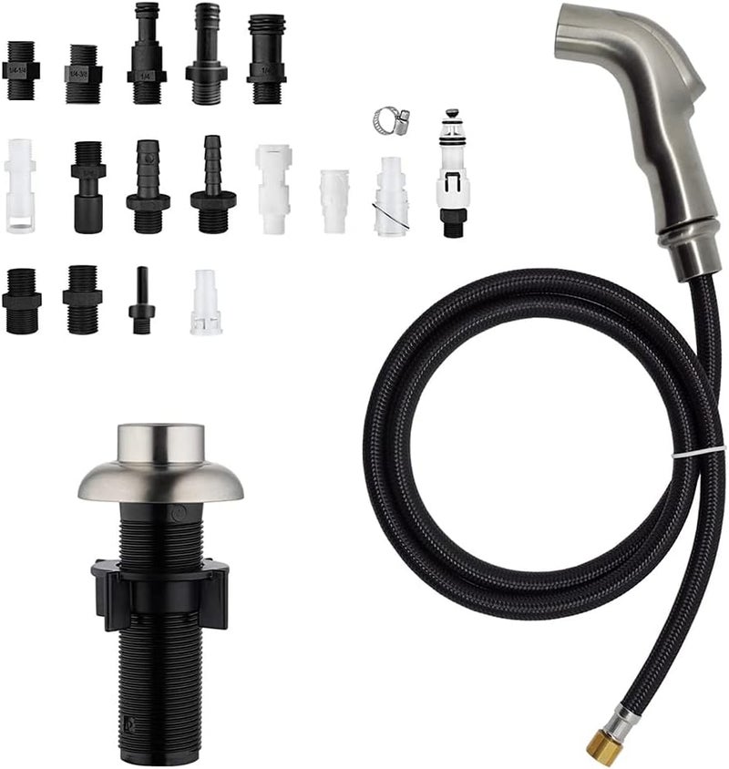 Houtingmaan Kitchen Sink Sprayer Replacement, Side Sprayer, Kitchen Sink Faucet Sprayer Hose,Sprayer Head Replacement,Sink Spray head,17 ADAPTERS,Sink Sprayer Brushed Nickel - Image 1