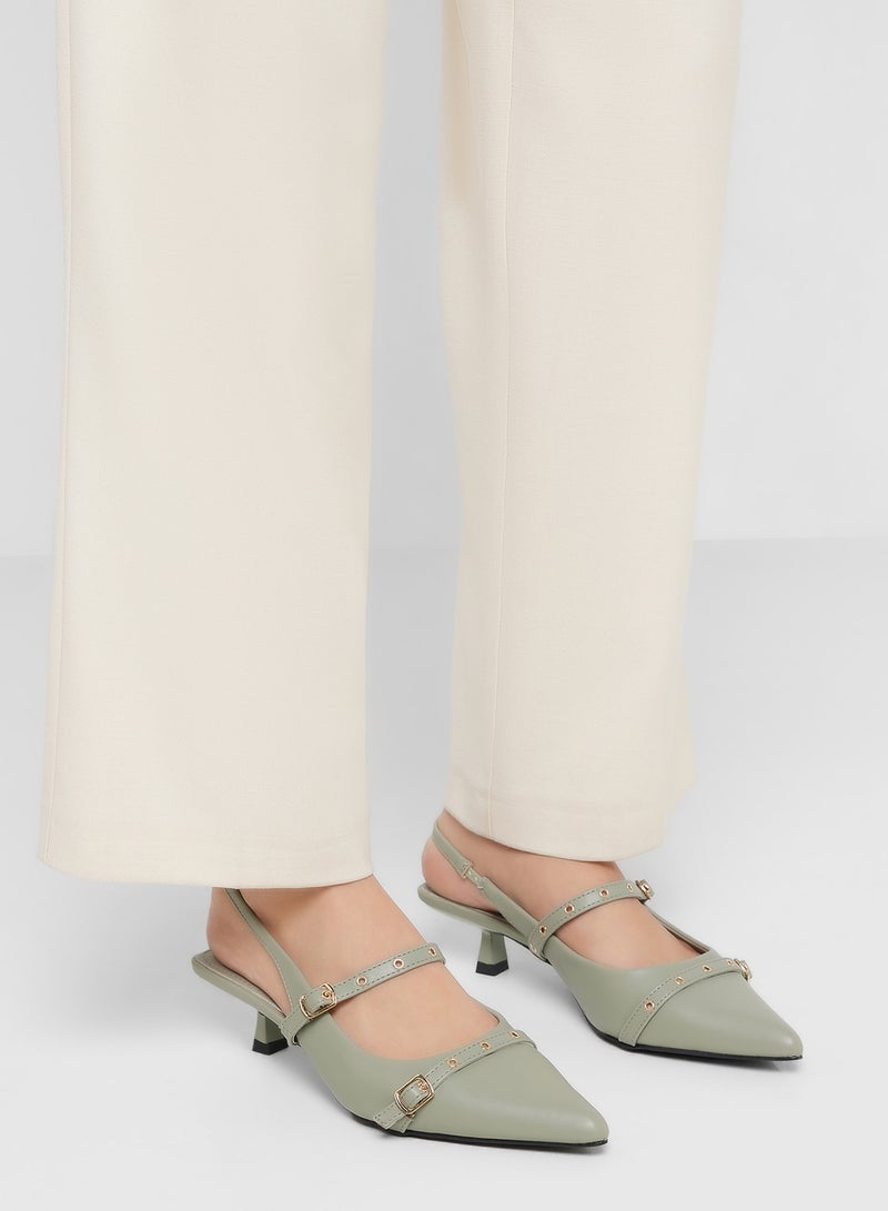 ELLA Double Strap Eyelet Detail Sling Back Low Heel Pump - Image 5
