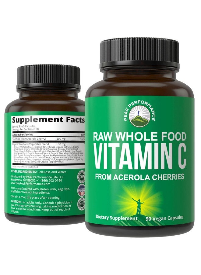 Peak Performance Raw Whole Food Natural Vitamin C Capsules from Acerola Cherry for Max Absorption. Vegan USA Sourced Vitamin C Supplement 90 Pills. 500 mg Serving or 2 Servings 1000mg - Image 1