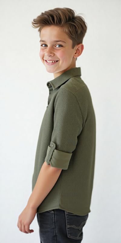 CAVIO Boys Spread Collar Full Sleeves Plain Shirt Green - Image 3