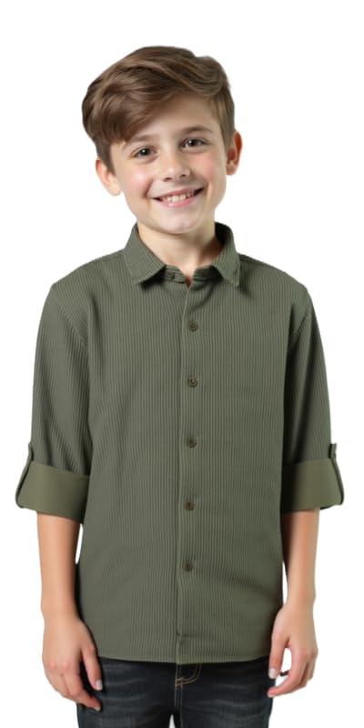 CAVIO Boys Spread Collar Full Sleeves Plain Shirt Green - Image 1