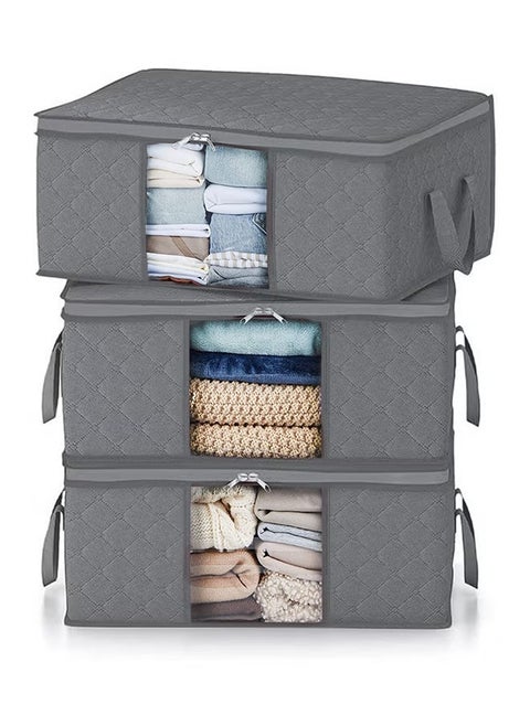 3Pack Clothes Storage Bag Foldable Closet Organizers Storage Containers with Sturdy Zipper,Clear Window, 90L Grey