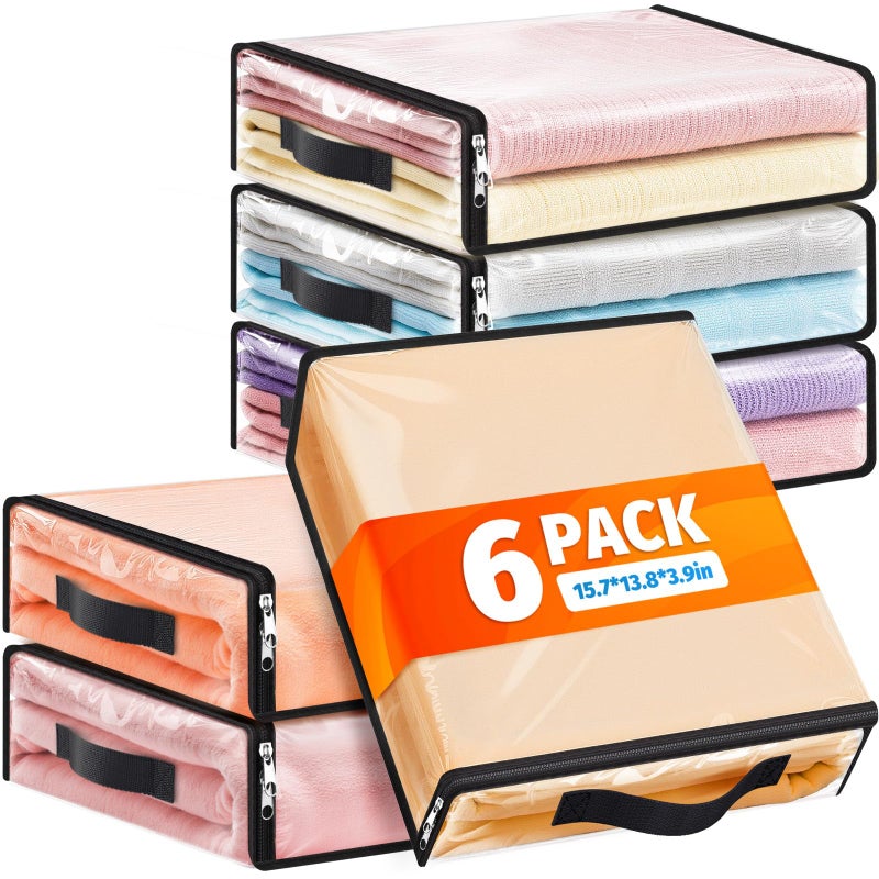 SpaceWhisper 6 Pack Clear Storage Bags, Plastic Blanket Storage Bags with Zipper and Handle, Moving Bags for Comforter, Bedding & Clothes, Closet Organizer and Under Bed Storage (15.7x13.8x3.9 Inch) - Image 1