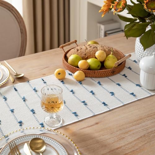 POSHREYA Cotton Table Runner for 4 6 Seater Dining Table|Centre Table|Coffee Table|Living Room|Table Decor|Eating Area|Decorative Runner|(14*72 INCHES)|Blue White|TRPS 025 - Image 3