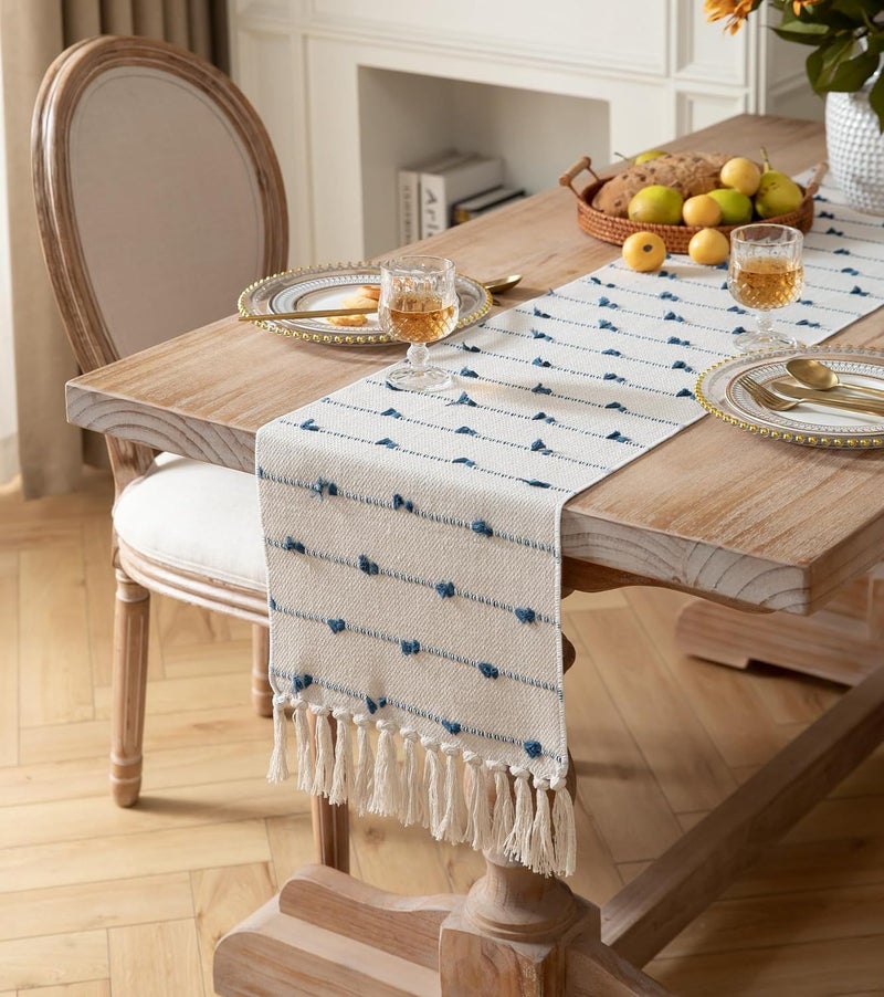 POSHREYA Cotton Table Runner for 4 6 Seater Dining Table|Centre Table|Coffee Table|Living Room|Table Decor|Eating Area|Decorative Runner|(14*72 INCHES)|Blue White|TRPS 025 - Image 1