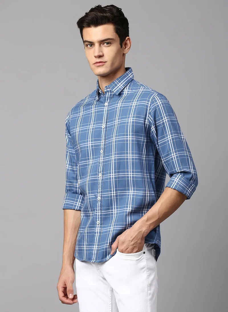 Dennis Lingo Slim Fit Dusty Blue Men's Checkered Shirt, Spread Collar, Full Sleeves, 100% Cotton