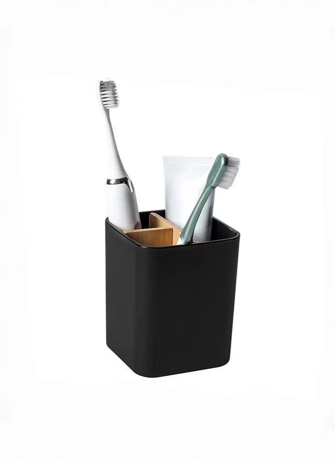 حامل فرشاة أسنان من الخيزران للحمامات، حامل فرشاة أسنان ومعجون أسنان بثلاث فتحات، منظم لطاولة الحمام لفرشاة الأسنان الكهربائية، وخيط تنظيف الأسنان، وشفرات الحلاقة (أسود) - Image 1
