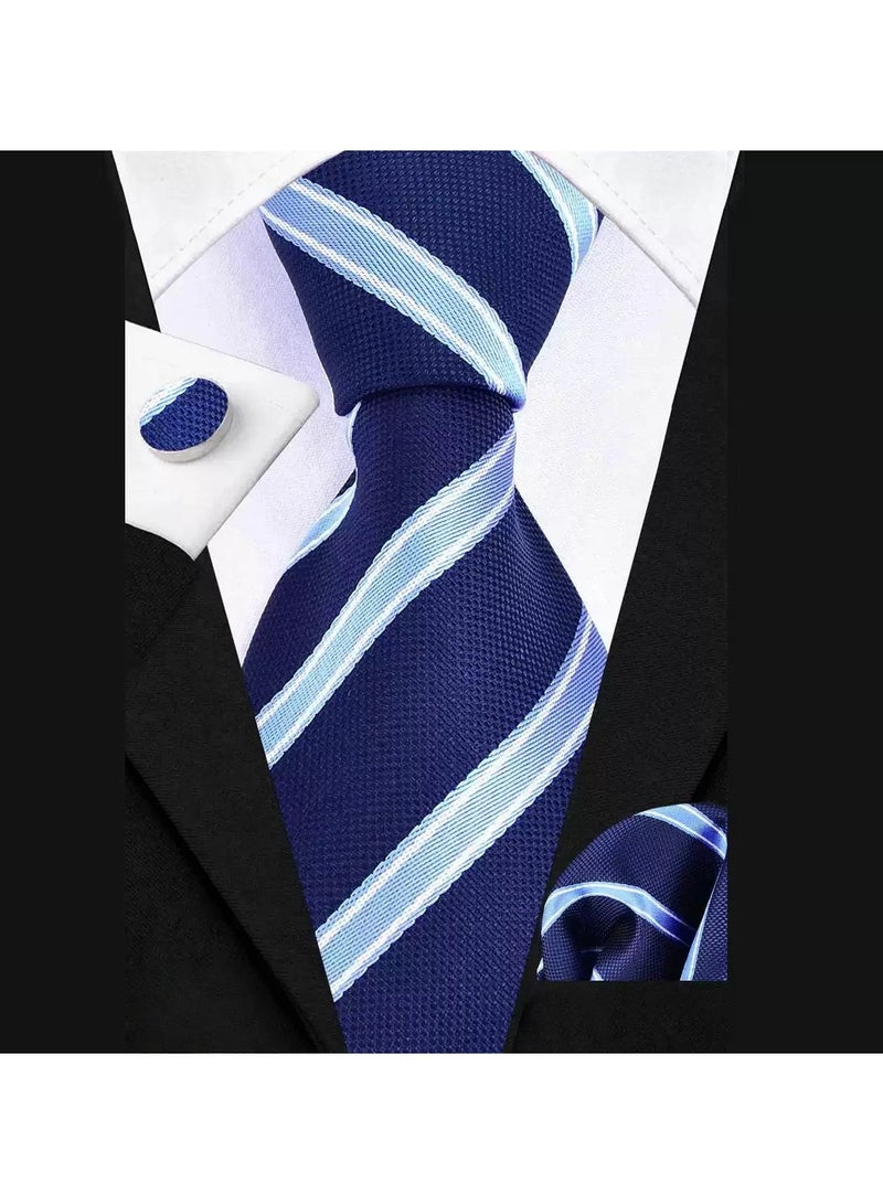 Hiras Fashionable Stripes Necktie Suit Gift Box Set（Tie, Pocket Square, Cufflinks, Tie Clip Set )-Blue - Image 2