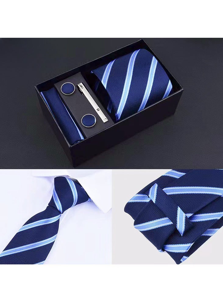 Hiras Fashionable Stripes Necktie Suit Gift Box Set（Tie, Pocket Square, Cufflinks, Tie Clip Set )-Blue - Image 3