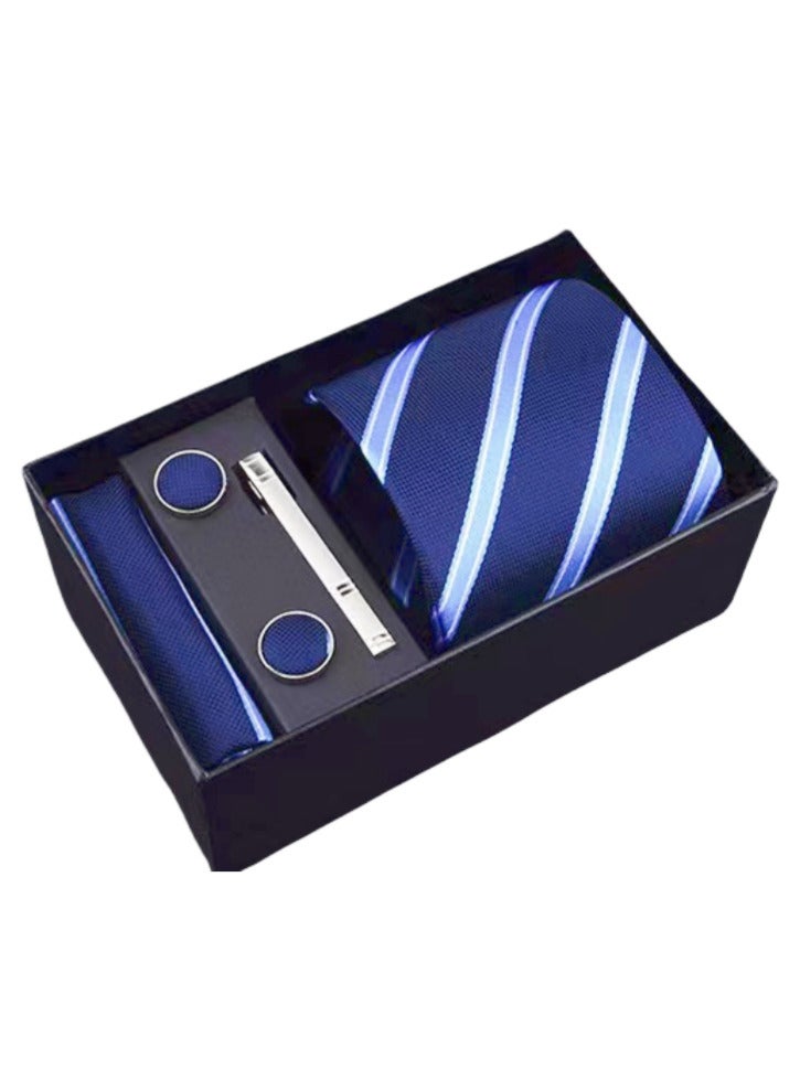 Hiras Fashionable Stripes Necktie Suit Gift Box Set（Tie, Pocket Square, Cufflinks, Tie Clip Set )-Blue - Image 1