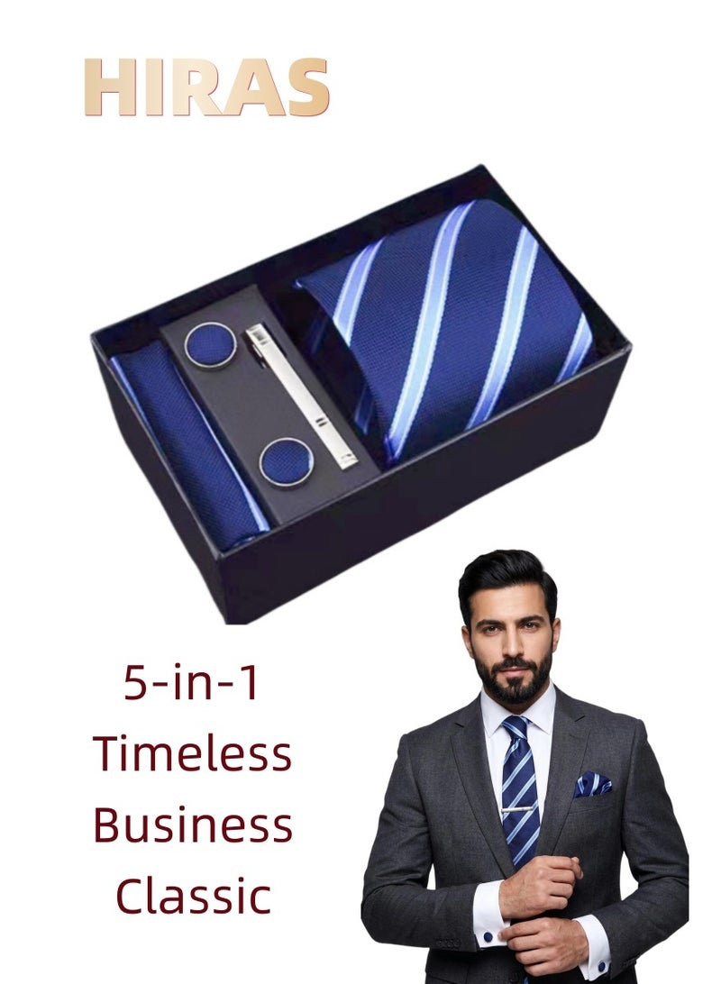 Hiras Fashionable Stripes Necktie Suit Gift Box Set（Tie, Pocket Square, Cufflinks, Tie Clip Set )-Blue - Image 1
