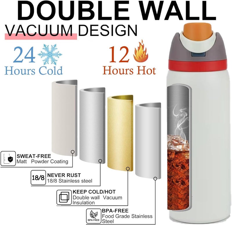 KELVEE FreeSip Water Bottle with Leak Proof Lid & Straw Vacuum Insulated Stainless Steel 800ml, Reusable BPA-Free Flask 24 Hours Hot and Cold for Sports, Office, School, Travel Bottle (Ivory) - Image 4