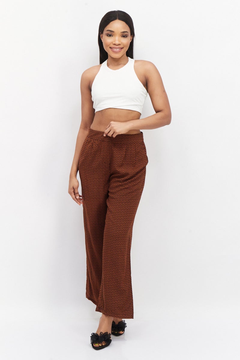 Zero Women Wide Leg All Over Printed Palazzo Pants, Brown - Image 4