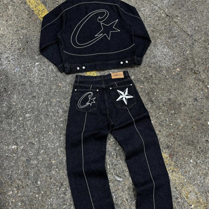 Corteiz Trendy Casual Suit High Street Men'S And Women'S Couple Fashion Denim Jacket And Jeans - Image 2