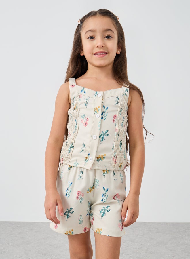 Styli Floral Print Buttoned Strappy Top and Shorts Set - Image 2