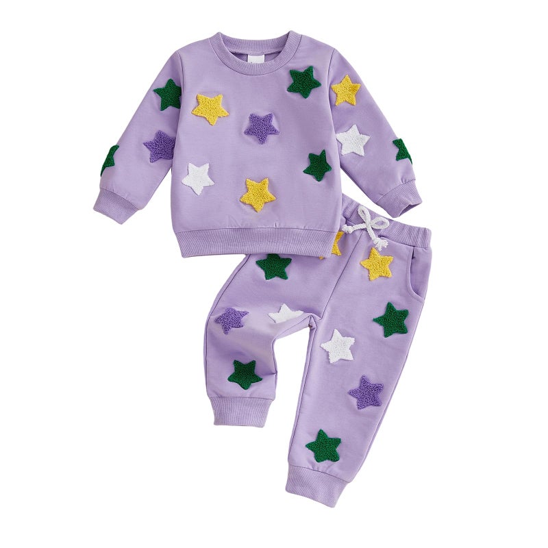 XRTBMN Toddler Boy Girl Mardi Gras Outfit Long Sleeve Star Sweatshirt Tops and Pants Set Infant Baby 2Pcs Spring Clothes (Purple, 2-3T) - Image 1