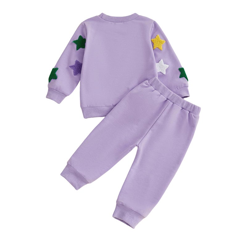 XRTBMN Toddler Boy Girl Mardi Gras Outfit Long Sleeve Star Sweatshirt Tops and Pants Set Infant Baby 2Pcs Spring Clothes (Purple, 2-3T) - Image 4
