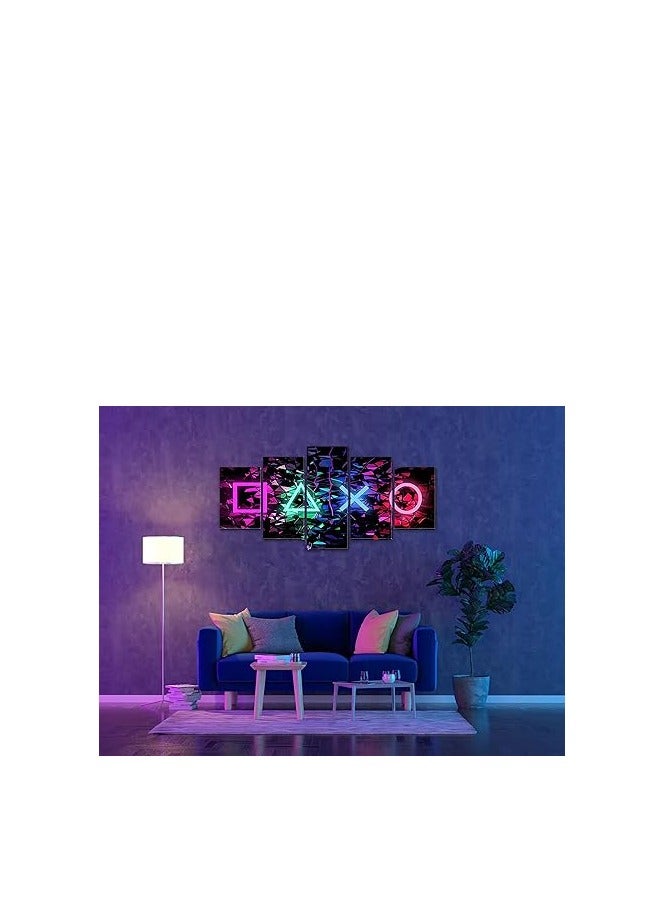 Today Idea  3D Gaming Wall Décor Canvas Paintings Funny 5 Pieces Neon Gamer Symbol Wall Pictures Colorful Cool Geometric Game Prints work for Game Room Playroom 40"W x 20"H - Image 3