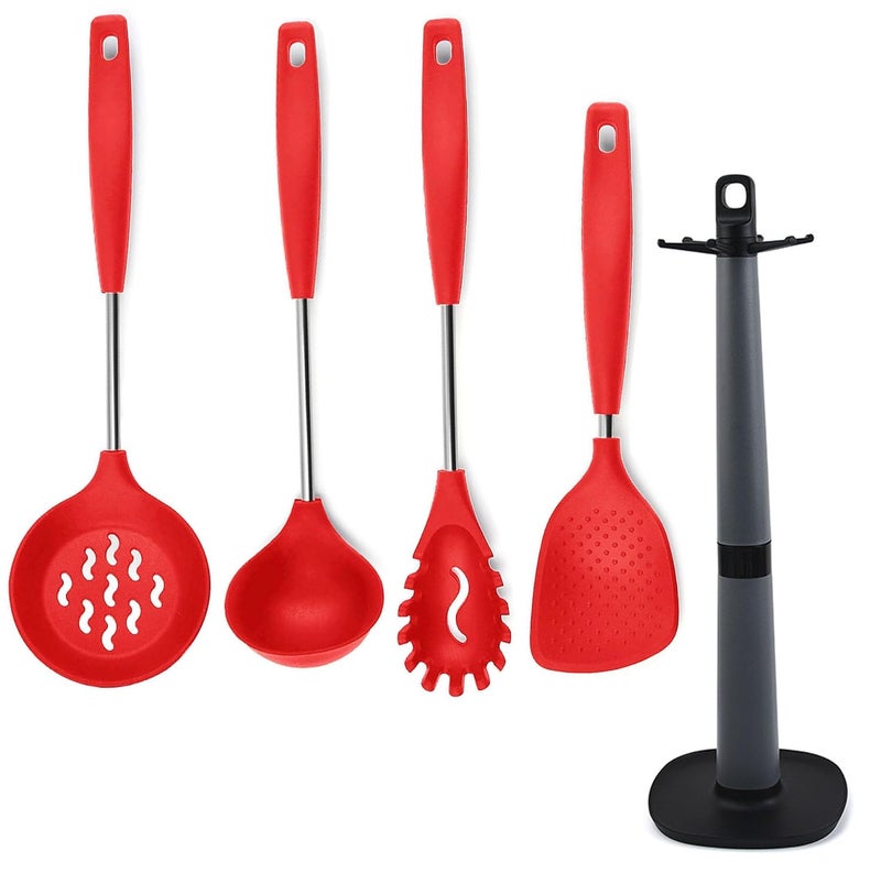 P-Plus International PPlus International Dosa Ladle Steel Pasta Server Rice Spoon Skimmer Spoon for Frying Silicone Spoon Set for Kitchen Ladle Stand for Kitchen Non Stick Spoon Set for CookingSet of 5 Red  - Image 1