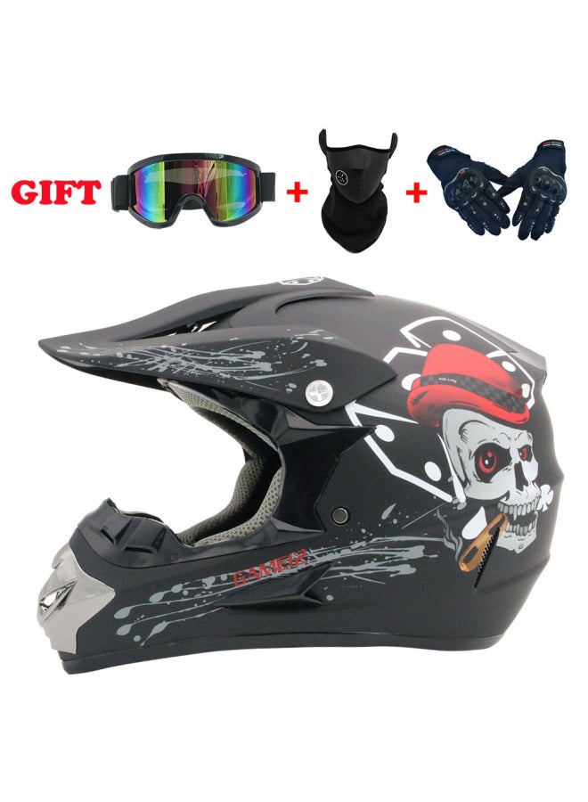 Electric Motorcycle Helmet Full Face Four-Season Unisex Small Helmet with Black Skull Design Goggles Mask and Gloves