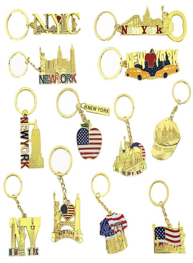 TSY TOOL 12 Pack Gold NYC Souvenir Keychain Collection New York Metal Keychain Ring Bundle Includes Empire State, Freedom Tower, Statue Of Liberty, USA Flag,NY Cab, Bottle Opener too And More - Image 1