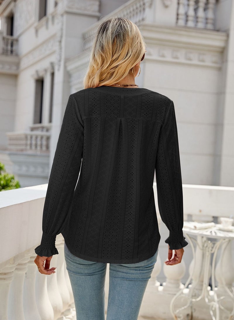 Loquat New Solid Color Hollowed Out Pleated Lotus Sleeve V-neck Loose Sleeved Shirt  - Image 2