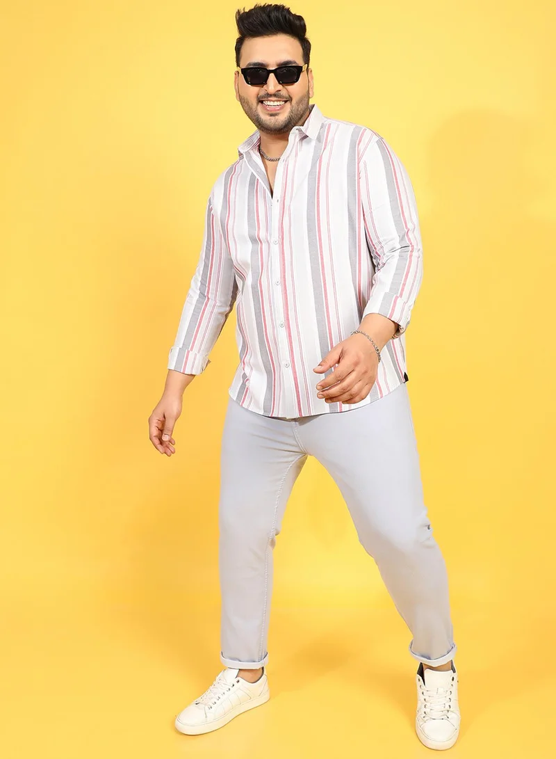 Instafab Plus Instafab Plus Men's Multicolour Multitrack Striped Button Up Plus-Size Fit Shirt For Casual Wear | Cotton Shirt Crafted With Regular Sleeve & Comfort Fit For Everyday Wear