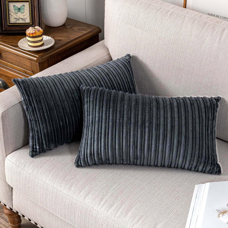 UGS UGASA UGASA Velvet Pillow Covers Striped Decorative Throw Pillow Cover Cushion Case with Hidden Zipper for Home Couch/Bedroom/Car, Soft Cozy Solid Oblong, 1 Piece (12"x20", Dark Grey) - Image 3