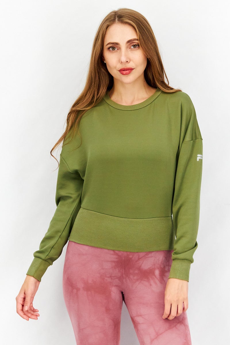 FILA بلوزة رياضية نسائية بأكمام طويلة من شاندولين، مقصوصة، لون لودن الأخضر - Image 1