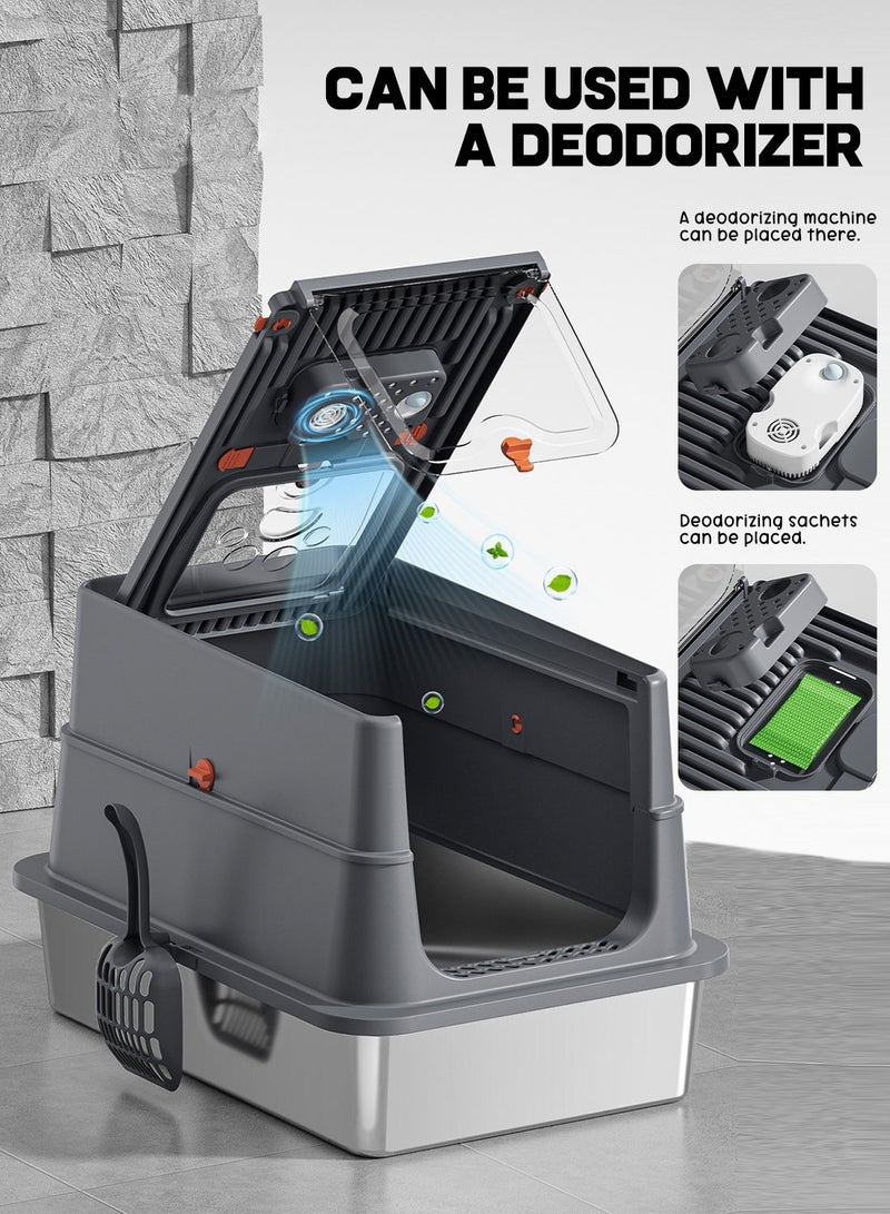 كيدل الفولاذ المقاوم للصدأ قطة القمامة مربع مع غطاء الجوانب العالية معدنية قطة القمامة مربع غير عصا ومكافحة التسرب رائحة مجانية - Image 2