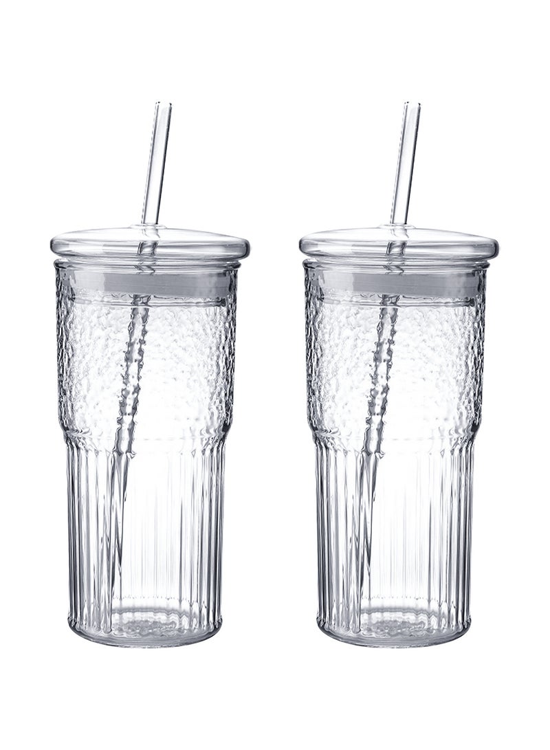 2-Pack 600ml Glass Tumbler Set with Lids and Straws, Heat-Resistant High Borosilicate Glass Cups for Iced Coffee, Juice, Tea, Milkshakes  - Image 1