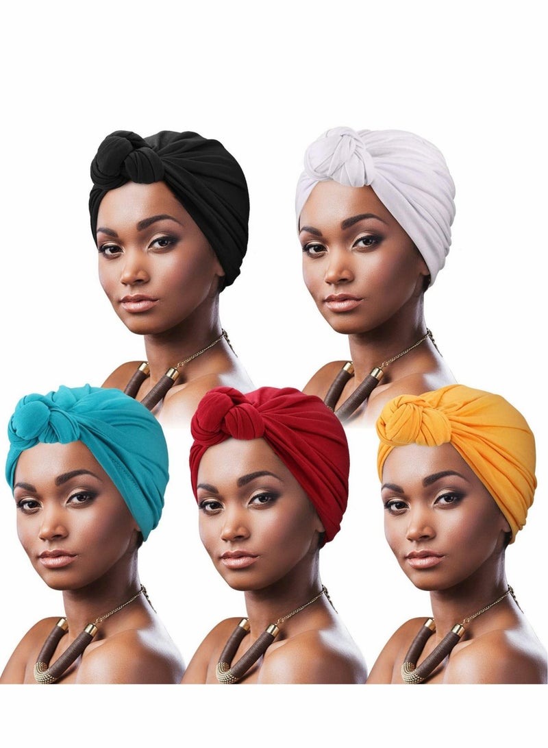 Captaintech Turbans for Women 5 Pcs Knotted Headwraps Soft Pre Tied Knot Fashion Pleated Turban Cap Beanie Headwrap Sleep Hat - Image 1