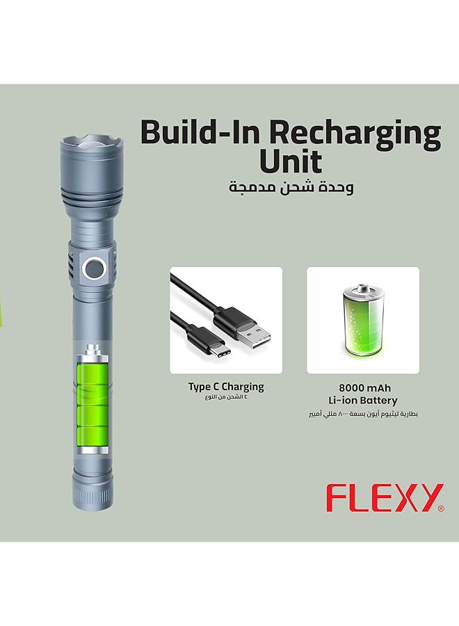 Flexy Rechargeable Flashlight 30W Laser LED 3000 Lumens 1800m Range 8000mAh Battery Zoomable Focus Durable Aluminum Body Type C Charging 2 Year Warranty.  - Image 5
