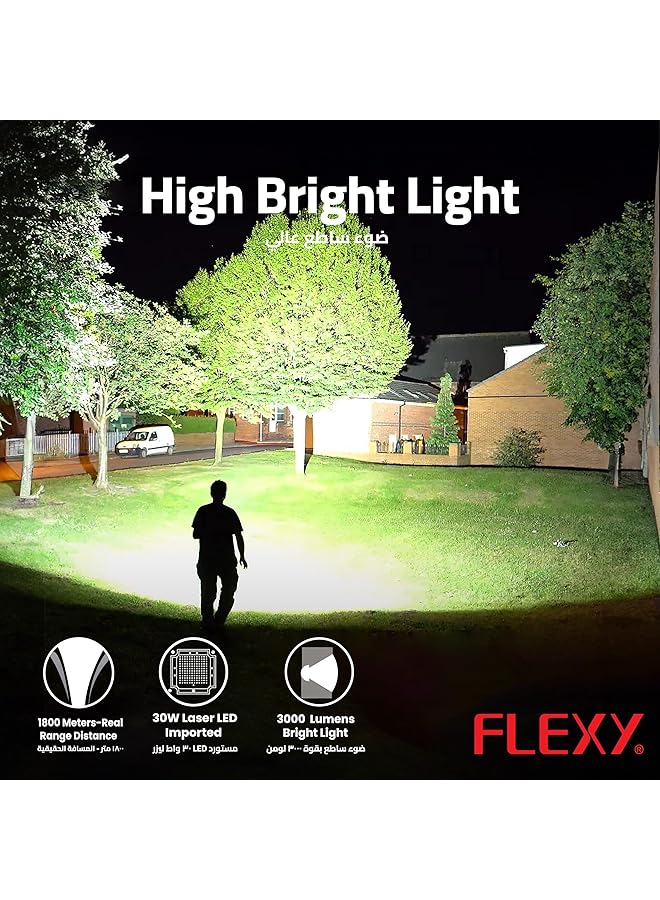 Flexy Rechargeable Flashlight 30W Laser LED 3000 Lumens 1800m Range 8000mAh Battery Zoomable Focus Durable Aluminum Body Type C Charging 2 Year Warranty.  - Image 3