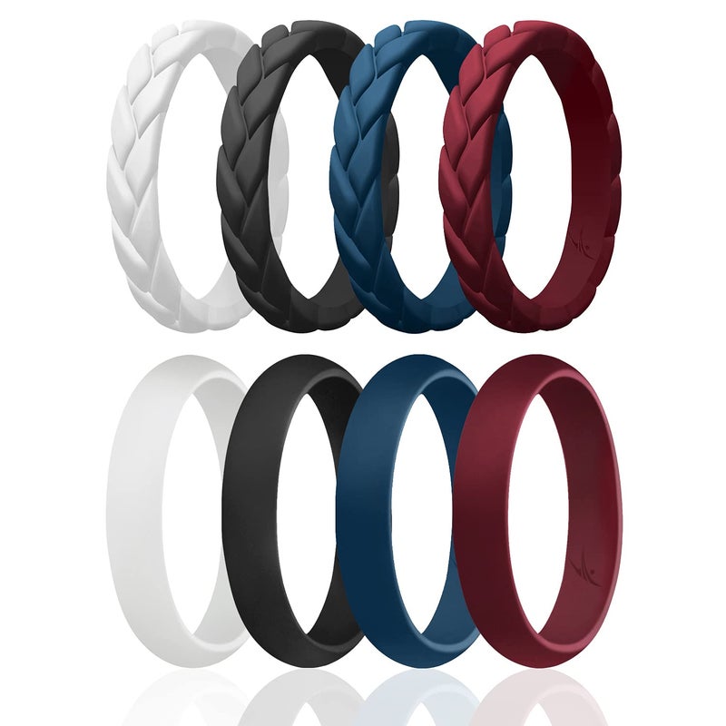 ROQ Silicone Rings for Women Thin Womens Silicone Rubber Wedding Rings Bands - Braided Flame Leaves and Dome Collection - Can Be Used as Stackable Rings - Maroon, Dark Blue, White, Black, Size - 11 - Image 1
