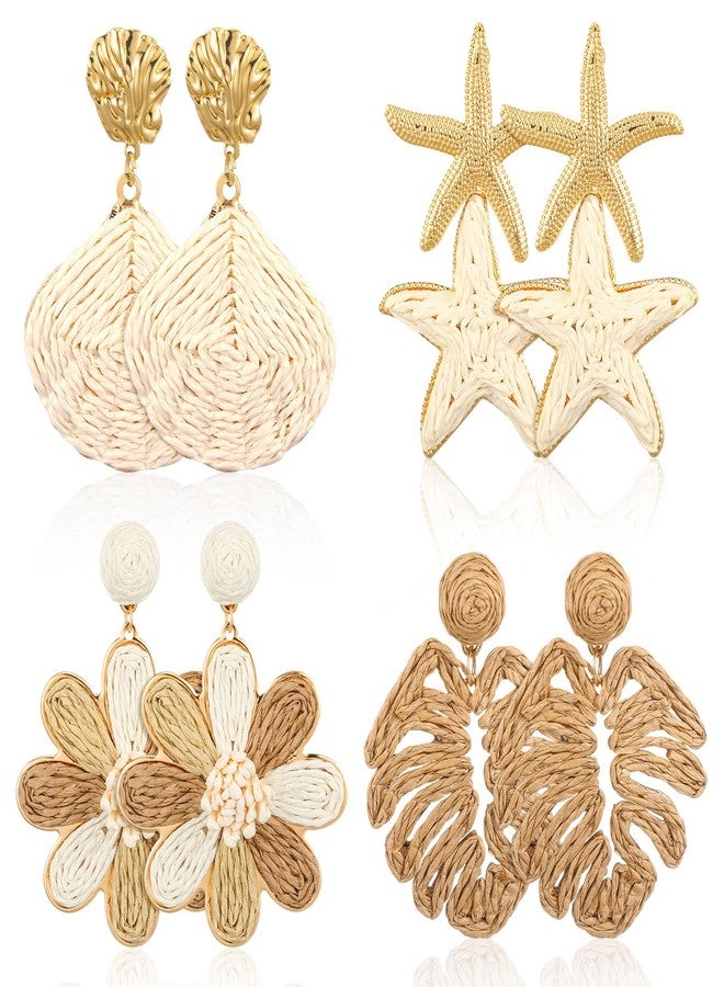 Nosiny 4 Pairs Rattan Earrings Beach Handmade Raffia Earrings Set for Women Bohemian Statement Earring Drop Dangle Summer Starfish Shell Monstera Daisy Flower Jewelry for Party Wedding Daily Travel - Image 1