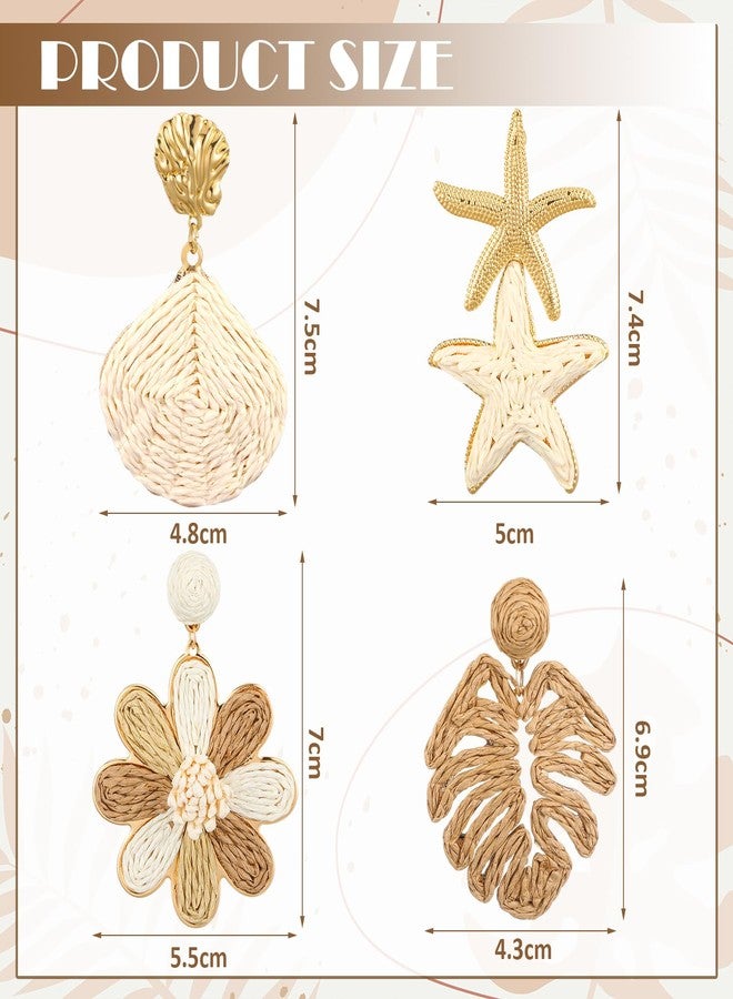 Nosiny 4 Pairs Rattan Earrings Beach Handmade Raffia Earrings Set for Women Bohemian Statement Earring Drop Dangle Summer Starfish Shell Monstera Daisy Flower Jewelry for Party Wedding Daily Travel - Image 3