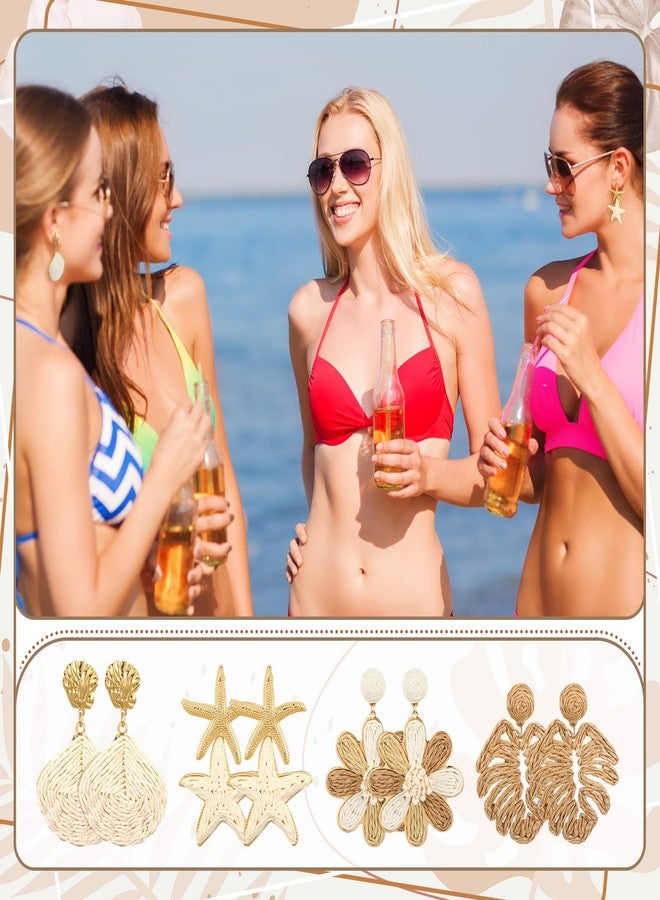 Nosiny 4 Pairs Rattan Earrings Beach Handmade Raffia Earrings Set for Women Bohemian Statement Earring Drop Dangle Summer Starfish Shell Monstera Daisy Flower Jewelry for Party Wedding Daily Travel - Image 4