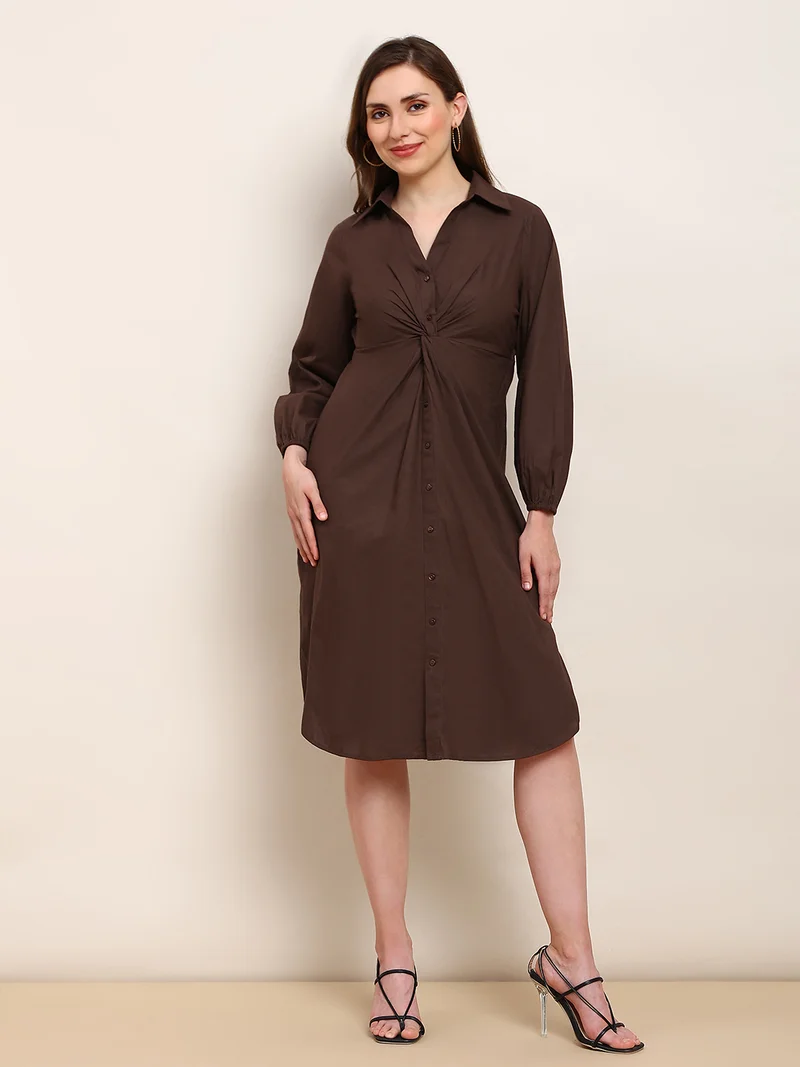 globus Globus Women Brown Collared Neck Bishop Sleeves Curved Hem Twist Knot Detail Midi Workwear Shirt Style Dress
