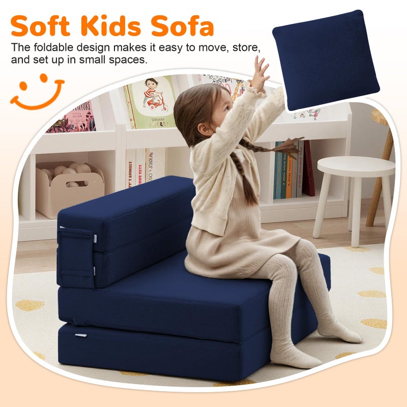 MeMoreCool Foldable Futon Chair Bed for Kids, Toddler Sofa Mattress, Convertible Foam Floor Couch, Tri-fold Sleeping Mattress (Navy) - Image 2