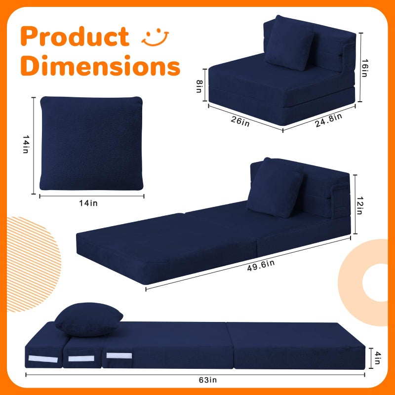 MeMoreCool Foldable Futon Chair Bed for Kids, Toddler Sofa Mattress, Convertible Foam Floor Couch, Tri-fold Sleeping Mattress (Navy) - Image 5